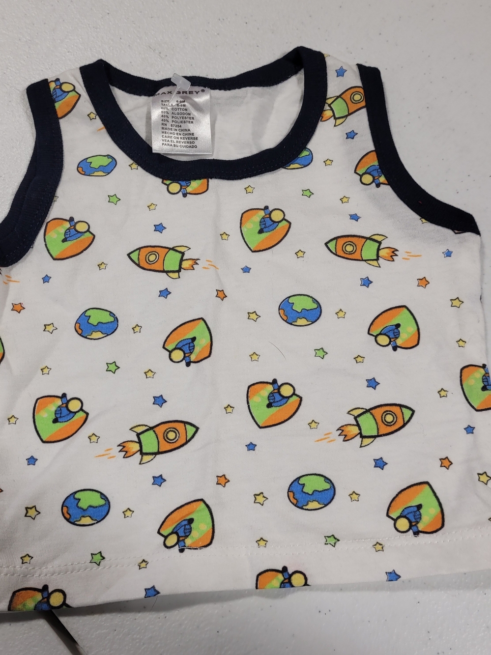 Kids White Rocket & Planet Tank Top with Navy Trim